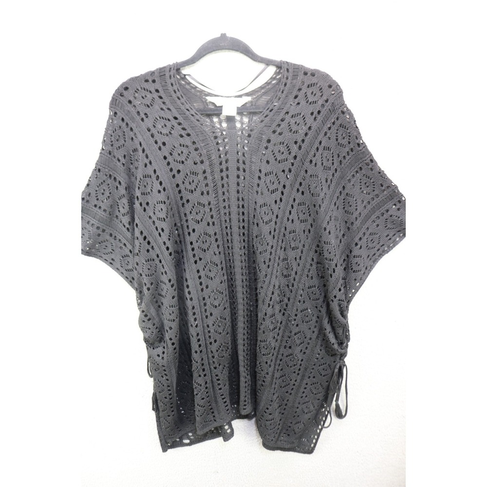 House of Harlowe 1960 Crochet Oversized Lace-Up Sides-Sheer Open Knit Top-Small